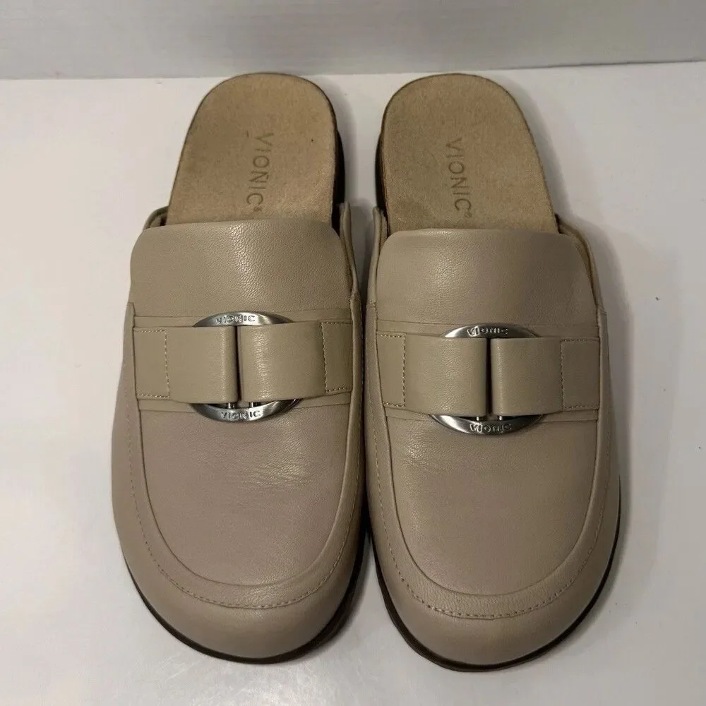 Vionic Jordan Mule Clogs Womens 8 Beige Leather Slip On Comfort Loafers EUC